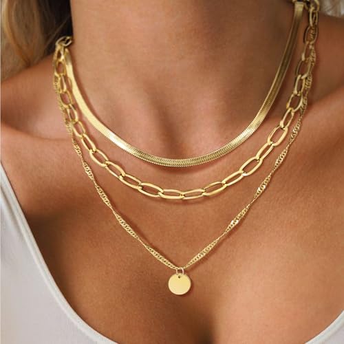 Layered Necklaces for Women,14k Gold Plated Dainty Necklace Stack Set Non Tarnish Adjustable Silver Stainless Steel CZ Heart Circle Pendant Paperclip Choker Herringbone Snake Chain Jewelry - style: Gold Circle Layered Necklace