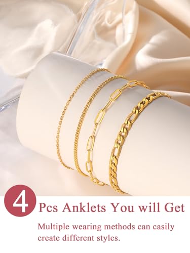 FOCALOOK Anklet Bracelets Set for Women, 14K Gold Plated Layered Anklet Set | Adjustable for Large Ankle, Cuban/Snake/Figaro/Paperclip Chain, Waterproof & Non Tarnish for Everyday Wear, Beach & Summer - color: E:4Pcs-Anklet Set-Gold