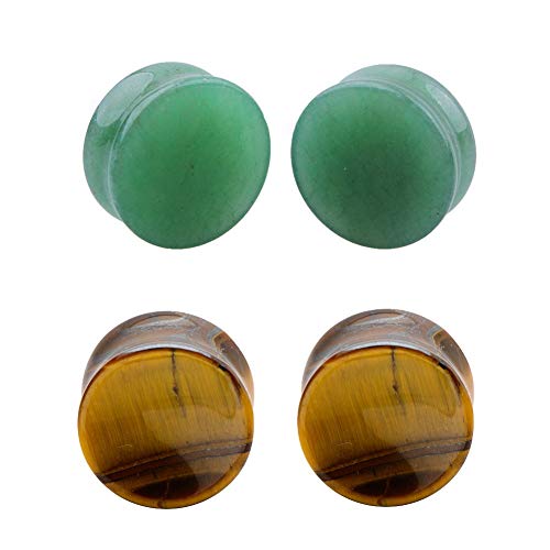 2Pairs Tiger Eyes & Green Jade Ear Plugs Natural Stone Gauges Tunnel Expanders Double Flared Body Piercings - style: 6mm(2G)