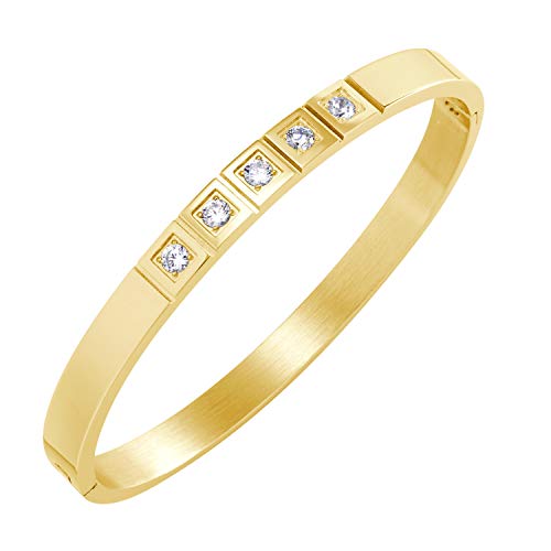 555Jewelry Stainless Steel CZ Cuff Hinged Bangle Bracelet for Men & Women - color: Gold