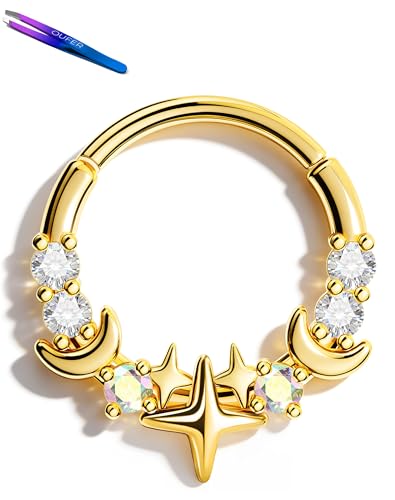 OUFER 16G Silver Gold Moon Star Hinged Segment Septum Ring 316L Surgical Stainless Steel CZ Septum Jewelry 8mm 10mm Inner Diameter with Free Tweezer Helix Tragus Conch Lip Piercing Jewelry for Women - color: Gold