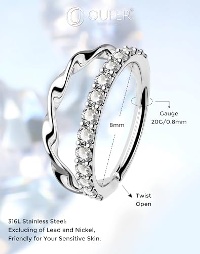 OUFER Nose Rings Silver, 20G Double Hoop 8MM Nose Rings, Seamless Stainless Steel Rook Daith Piercing Jewelry for Women & Men - style: Style4-Sliver Ripple