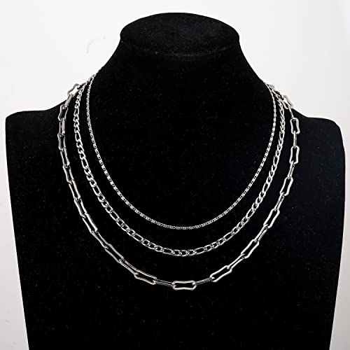 Elegance 11 designs Gold/Silver Stainless Steel Layered Set Necklace Square Linear Paperclip Figaro Chain Flat Chain Thick Short Metal Men's Women's Pop Necklace - color: Silver 3 layers