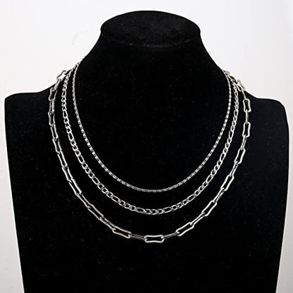 Elegance 11 designs Gold/Silver Stainless Steel Layered Set Necklace Square Linear Paperclip Figaro Chain Flat Chain Thick Short Metal Men's Women's Pop Necklace - color: Silver 3 layers