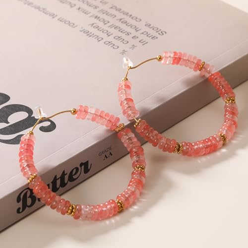 Wellike Beaded Hoop Earrings for Women Natural Stone Pink Gold Huggie Earrings Hypoallergenic Dainty Waterproof Trendy Jewelry - color: Rose Pink, size: 55mm