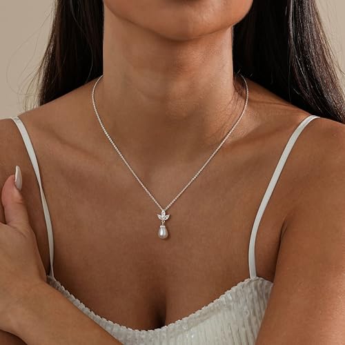 Pearl Necklaces for Women,Dainty Gold Pendant Necklaces Waterproof Jewelry | 14K Gold Plated Pearl Necklaces,Dainty Elegant Wedding Necklace,Small Cute Adjustable Minimalist Necklace,Non Tarnish Jewelry - color: SILVER-2