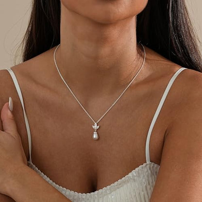 Pearl Necklaces for Women,Dainty Gold Pendant Necklaces Waterproof Jewelry | 14K Gold Plated Pearl Necklaces,Dainty Elegant Wedding Necklace,Small Cute Adjustable Minimalist Necklace,Non Tarnish Jewelry - color: SILVER-2