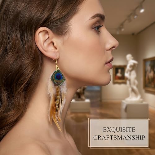 Long Peacock Feather Earrings for Women Boho Dangle | Lightweight vintage statement jewelry ensuring comfortable daily wear.