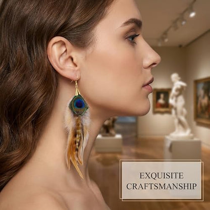 Long Peacock Feather Earrings for Women Boho Dangle | Lightweight vintage statement jewelry ensuring comfortable daily wear.