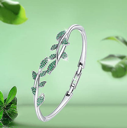 Green Leaves Bangle Bracelets For Women 18K White Gold Plating Adjustable Bracelets with Crystal For Wife Girlfriend Or Mothers Idea Gift For Mother's day (Green)