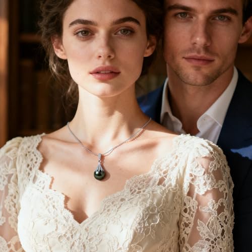 Genuine Tahitian Black Pearl Necklaces for Women, 9-12mm AAAA Seawater Pearl - Sterling Silver Moissanite Pendant, Wedding Anniversary, Birthday, Christmas Gift for Wife, Mom, Girlfriend, Fine Jewelry - size: 11-12mm, style: Foliate Drop