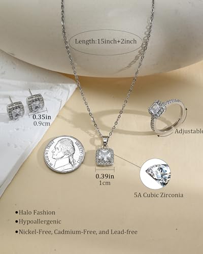 Halo Cubic Zirconia Jewelry Set for Women, Square CZ Stud Earrings Pendant Necklace Adjustable Ring, Silver Simulated Diamond Jewelry for Wedding/Birthday/Prom/Christmas