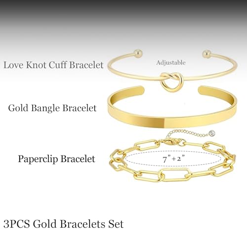 HERIER Gold Bracelets for Women 18k Gold Plated Bracelet Stack Bangle Cuff Bracelet Set for Women Non Tarnish Beaded/Paperclip/Cuban Link Chain Bracelets Jewelry for Women Trendy - style: Bangle Paperclip3-Gold