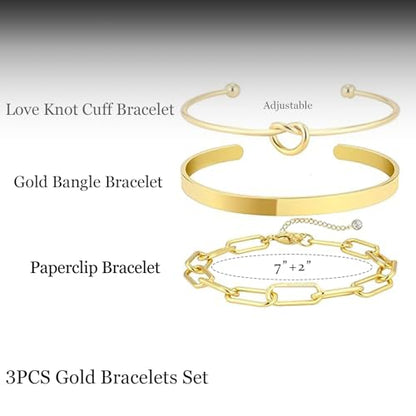HERIER Gold Bracelets for Women 18k Gold Plated Bracelet Stack Bangle Cuff Bracelet Set for Women Non Tarnish Beaded/Paperclip/Cuban Link Chain Bracelets Jewelry for Women Trendy - style: Bangle Paperclip3-Gold