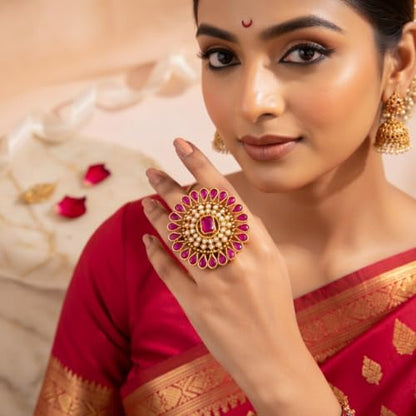 Efulgenz Indian Jewelry Ring Round Faux Pearl Crystal Adjustable Big Finger - color: Dark Pink