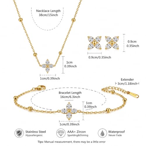 14K Gold Plated Crystal Jewelry set Cubic Zirconia Dainty Choker Necklace Earrings Stud Gold Necklaces for Women - color: Clover