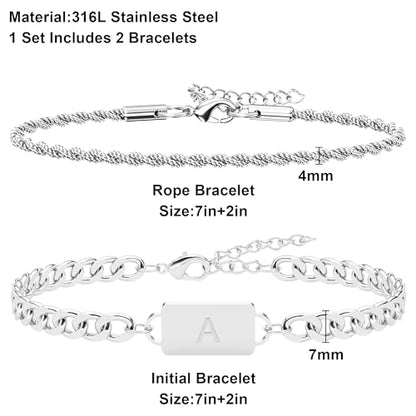 2PCS Initial Letter Stainless Steel Bracelet, A-Z Letter Pendant Silver Gold Black Cuban Rope Link Chain for Men Women Jewelry Set - color: Silver