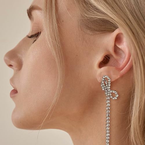 Luxval Rhinestone Earrings Dangling for Women Sparkly Silver Dangle Earrings Girls Long Chandelier Earrings Tassel Lightweight Ear Studs Cubic Zirconia Crystal Statement - color: Silver-Bow