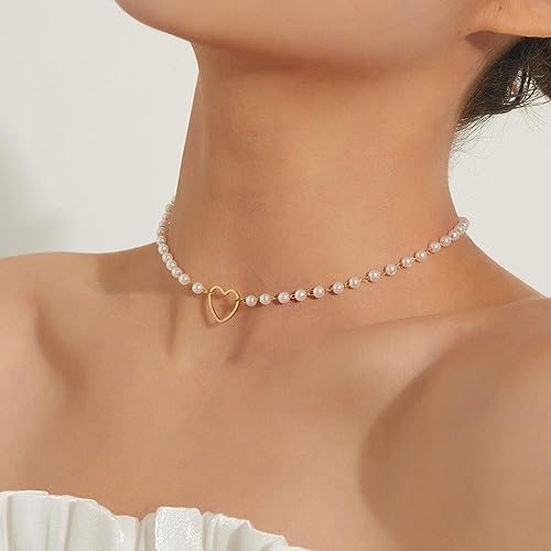 Dainty Pearl Pendant Necklaces for Women 14K Gold Plated Handmade Layered Pearl Chain Necklace Delicate Layered Pearl Necklace Everyday Jewelry Gift - color: Hollow heart+pearl-Gold