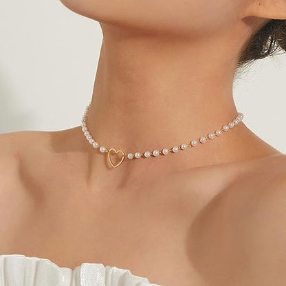 Dainty Pearl Pendant Necklaces for Women 14K Gold Plated Handmade Layered Pearl Chain Necklace Delicate Layered Pearl Necklace Everyday Jewelry Gift - color: Hollow heart+pearl-Gold