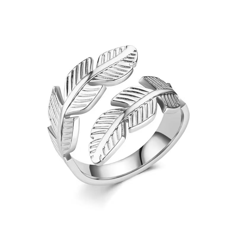 Adjustable Stainless Steel Feather Leaf Ring for Women Men - color: Silver