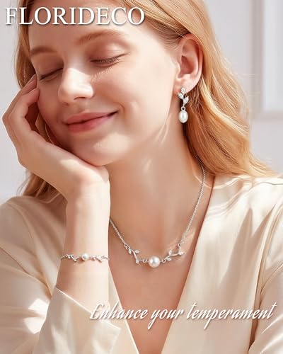 3Pcs 14K Gold Plated Pearl Bridal Jewelry Set for Women | Pearl necklace, drop earrings and bracelet set with cubic zirconia for bride bridesmaid wedding prom and party accessories - color: Silver Plated-3CZ-Pearl