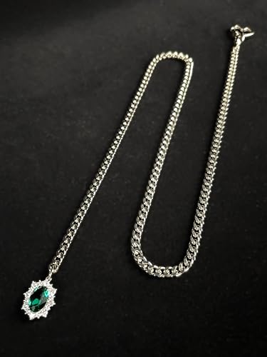 Women's Heart O-Ring Slip Chain Necklace, Double Layered Adjustable 39'' Cuban Chain with Detachable Heart Clasp and Colorful Rhinestone Pendant - color: 25'' Silver-Emerald Green