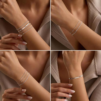 Gold Bracelets for Women, 14K Gold Plated Stackable Bracelet Stack Set Adjustable Charm Paperclip Chain Cuban Link Layered Waterproof Jewelry Sets Gifts for Womens 6.5 Inch - color: Silver-A 6.5 IN