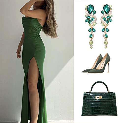 Fashion Rhinestone Statement Drop Dangle Earrings Long Colorful Crystal Bridal Wedding Teardrop Chandelier Earrings for Women Prom Pageant - color: Green