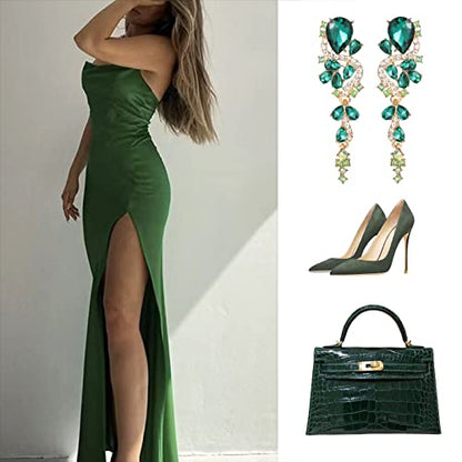 Fashion Rhinestone Statement Drop Dangle Earrings Long Colorful Crystal Bridal Wedding Teardrop Chandelier Earrings for Women Prom Pageant - color: Green