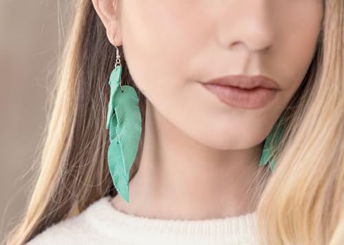 Leather Feather Earrings, Suede layered earrings, boho wedding jewelry, summer earrings, gift for her, dangle earrings - color: Light green