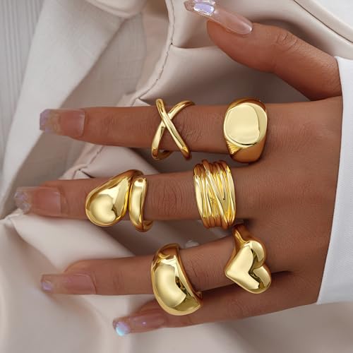 17 MILE Chunky Gold Stackable Rings for Women Non Tarnish, 18K Gold-Plated Statement Open Stacking Rings, Knuckle Band Ring Set - color: Gold 6 Pcs Rings