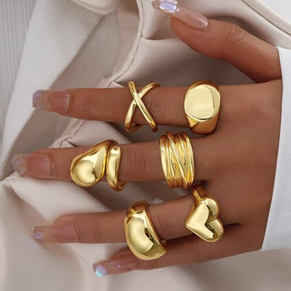 17 MILE Chunky Gold Stackable Rings for Women Non Tarnish, 18K Gold-Plated Statement Open Stacking Rings, Knuckle Band Ring Set - color: Gold 6 Pcs Rings