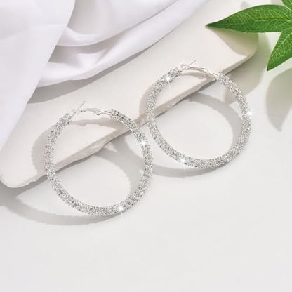 Large Gold Rhinestone Hoop Earrings Silver Sparkly Big Hoop Earrings for Women Black Earring Bling Chunky Silver Hoops 60mm Trendy Statement Earring for Women Bling Hoop for Prom Wedding Party Chunky Jewelry - style: Silver-Plated Hoops 60mm