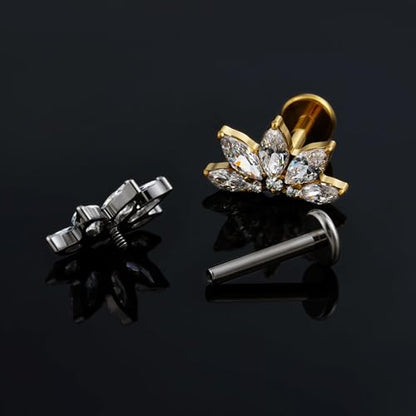 FINE4U 1PC ASTM F136 Titanium 16G Flatback Stud for Tragus, Helix, Conch 6mm 8mm - Screw on Cartilage Earring Piercing Jewelry - color: Flower CZ - Tit