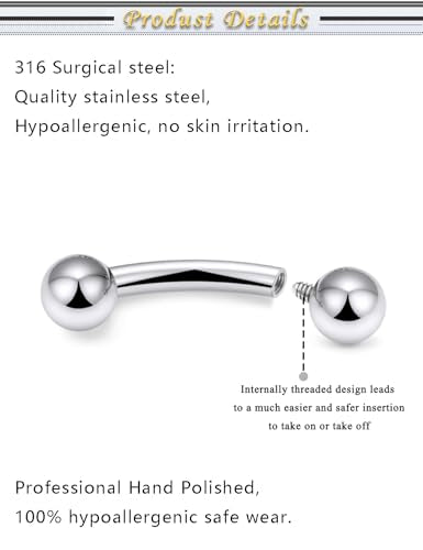 Internally Threaded Eyebrow Piercing Jewelry Surgical Steel Tiny Eyebrow Rings Vertical Labret Lip Jewelry Small Ear Rook Earring for Women Men 18g 16g 14g Plus Piercing Ball Grabber Tool - color: silvertone, size: 14g,ball end