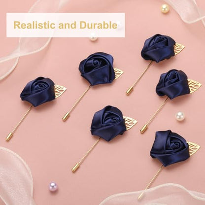 uxcell 24pcs Navy Blue Rose Boutonnieres Flower Pins for Wedding | Buttonholes Pocket Boutonnieres for Wedding Ceremony Anniversary Prom Formal Dinner Party - color: Navy Blue
