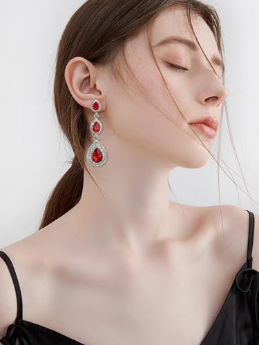 Crystal Teardrop Dangle Earrings - S925 Sterling Silver Posts Rhinestone Drop Earrings for Women Wedding Bridal Brides Bridesmaids Party Prom Pageant Fashion Costume Jewelry - style: 3 teardrop dangle earrings red silver
