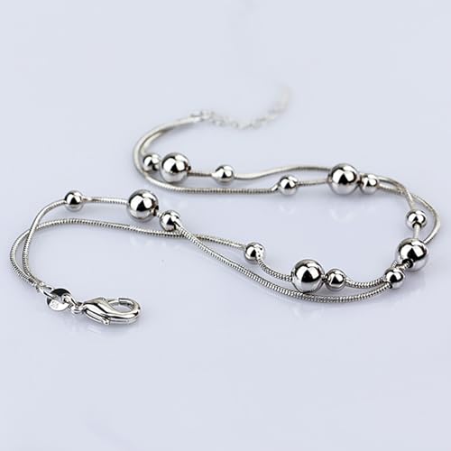 Womens Anklet 925 Sterling Silver Layered Anklet Bracelet Dainty Beaded Foot Chain Adjustable Summer 24k Gold Plated Beach Jewelry Gift - color: Snake chain Silver