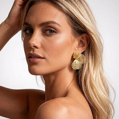 Gold Silver Flower Hoop Earrings for Women 14K Gold Plated Large Layered Flower Dangle Drop Earrings Wedding Party Holiday Birthday Gifts Lightweight Trendy Bohemian Jewelry Gift for Her - color: Golden-1