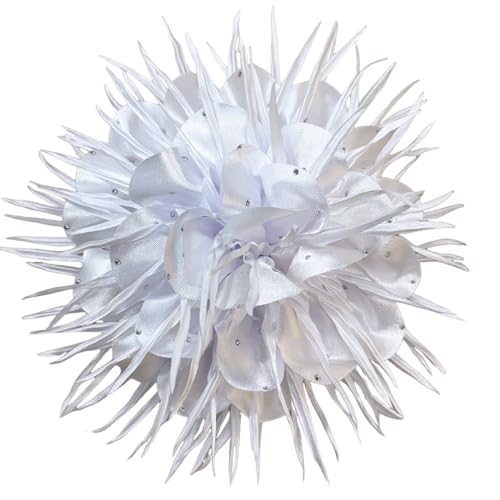 18cm/7in Dainty Spiky Fabric Flower Brooch Pin for Women Girls Elegant Crystal Colorful Pom-Pom Fluffy Floral Peony Brooches Lapel Hair Pins Trendy Party Dress Accessories Jewelry - color: White