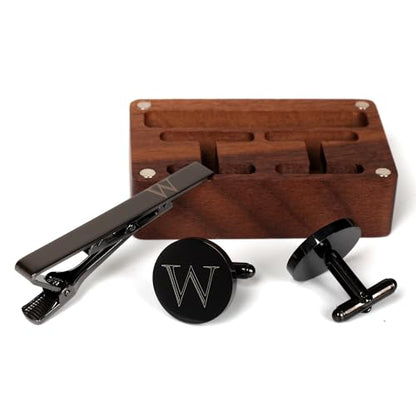 Mens Initial Cufflinks and Tie Clip A-Z Alphabet Letter Black Stainless Cuff Links Tie Bar with Engraved Walnut Wood Box Groom Groomsman Wedding Set - style: Classic-W