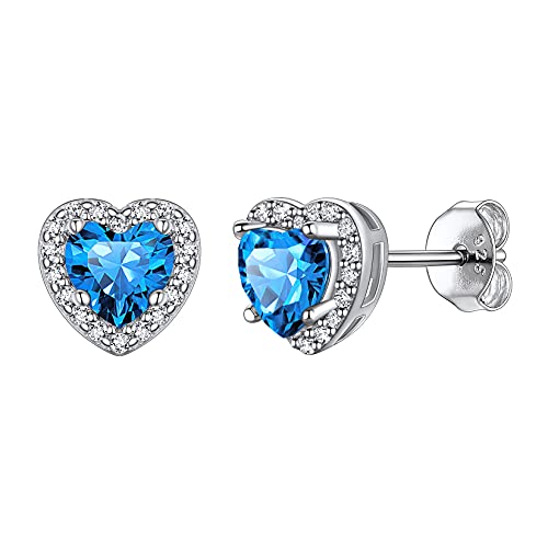 Suplight 925 Sterling Silver Birthstone Stud Earrings for Women, Round/Heart/Teardrop/Square Crystal Diamond Earrings for Women, Dainty Birthday Gifts Jewelry - color: style b-12. heart-December(Created Blue Topaz)