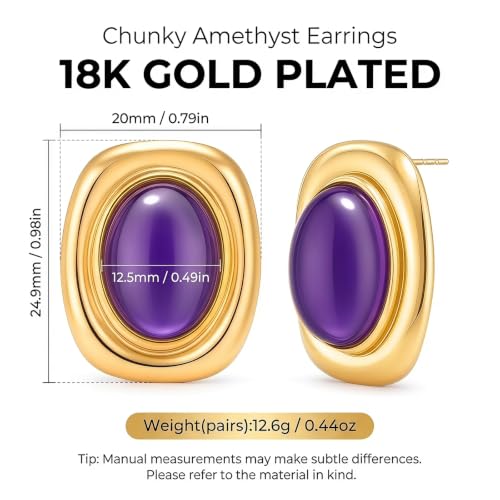 Chunky Gold Stud Earrings for Women 18K Gold Plated Hypoallergenic Chunky Statement Earrings Big Natural Crystal Stone Earring Gift for Women - color: Amethyst