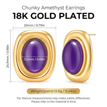Chunky Gold Stud Earrings for Women 18K Gold Plated Hypoallergenic Chunky Statement Earrings Big Natural Crystal Stone Earring Gift for Women - color: Amethyst