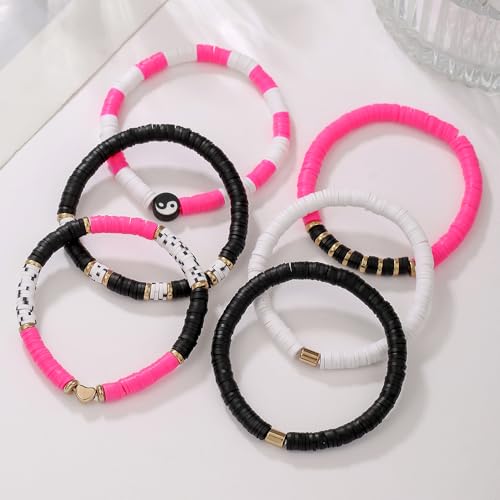 Friendship Bracelets for Women - Heishi Surfer Colorful Smile Evil Eye Clay Beaded Stretch Bracelets Elastic Layering - Stackable Boho Disc Y2K Aesthetic Summer Jewelry Set. - color: TS-5PC-hero