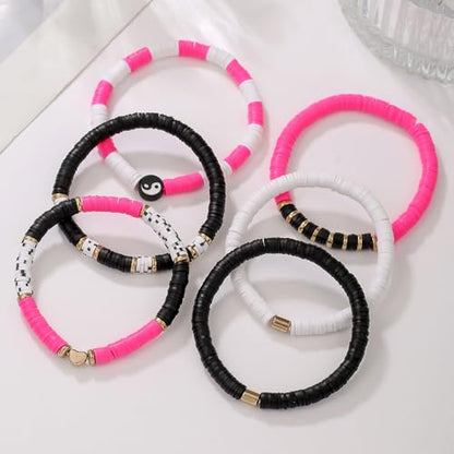 Friendship Bracelets for Women - Heishi Surfer Colorful Smile Evil Eye Clay Beaded Stretch Bracelets Elastic Layering - Stackable Boho Disc Y2K Aesthetic Summer Jewelry Set. - color: TS-5PC-hero