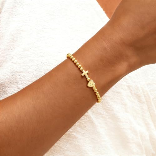 TLY Gold Beaded Bracelets for Women Cross Initial Elastic Stretch Bracelet | 14K Gold Plated Dainty Cute Trendy Friendship Bracelets Stack A-Z Heart Letter Charm Bracelet Jewelry Gifts for Women Teen - color: H