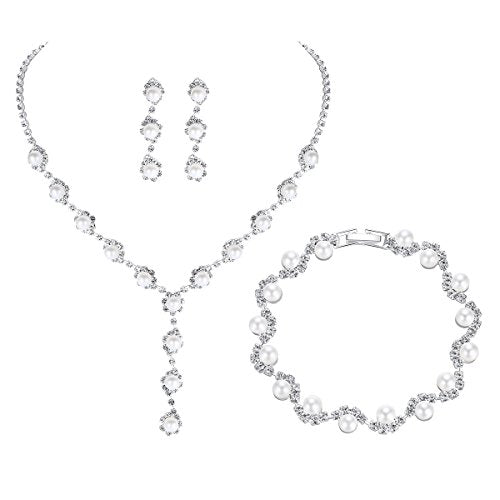 Simulated Pearl Leave Floral Bridal Jewelry Sets, Crystal Wedding Necklace Earrings Bracelet Sets Jewelry Engagement Gift - color: D-Clear