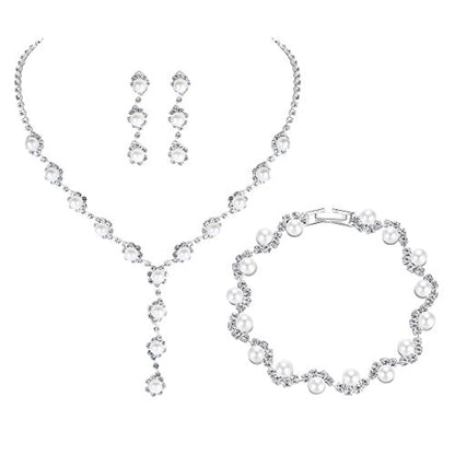 Simulated Pearl Leave Floral Bridal Jewelry Sets, Crystal Wedding Necklace Earrings Bracelet Sets Jewelry Engagement Gift - color: D-Clear